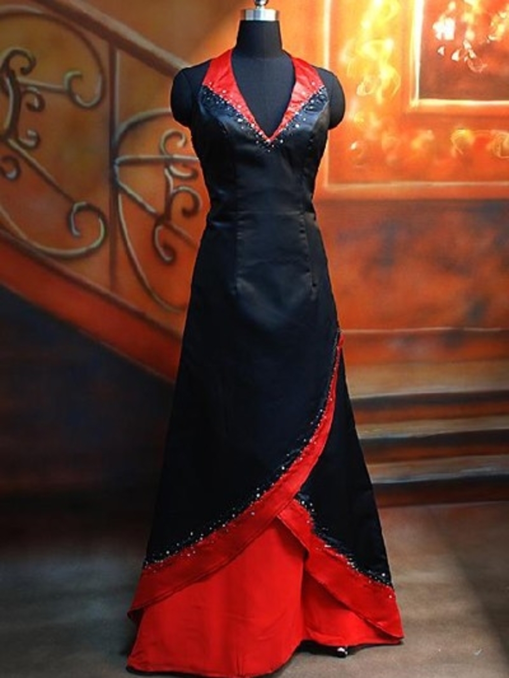 Elegant Black and Red V-Neck Evening Dress